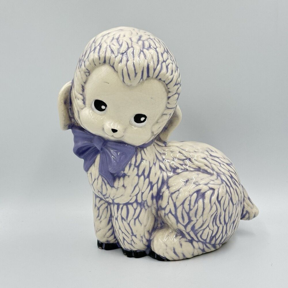 Vintage Unique Ceramic Purple & White Sheep Lamb Figurine Bank Decor 8.5”